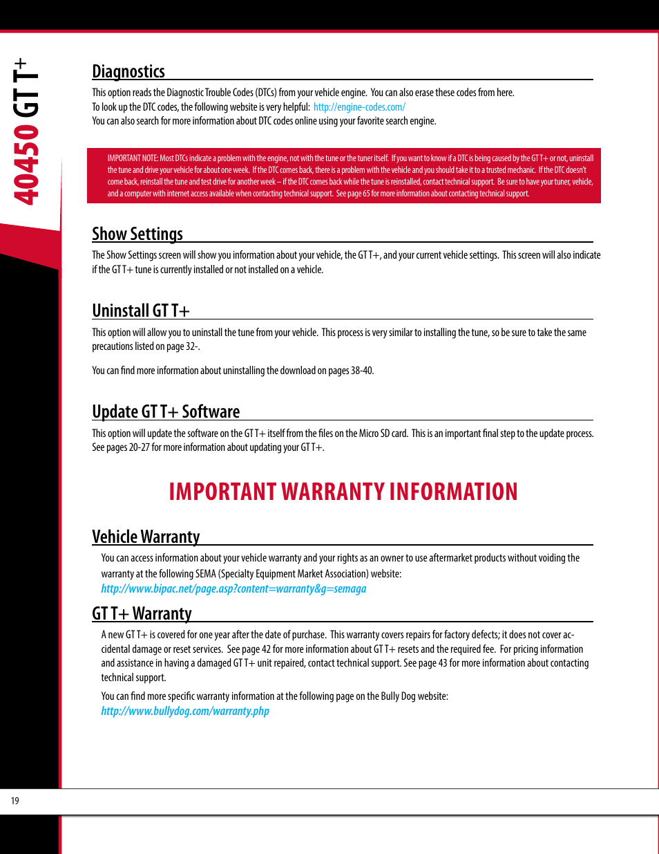 Important warranty information, Diagnostics, Show settings | Uninstall gt t, Update gt t+ software, Vehicle warranty, Gt t+ warranty | Bully Dog 40450 GTT+ User Manual | Page 20 / 47