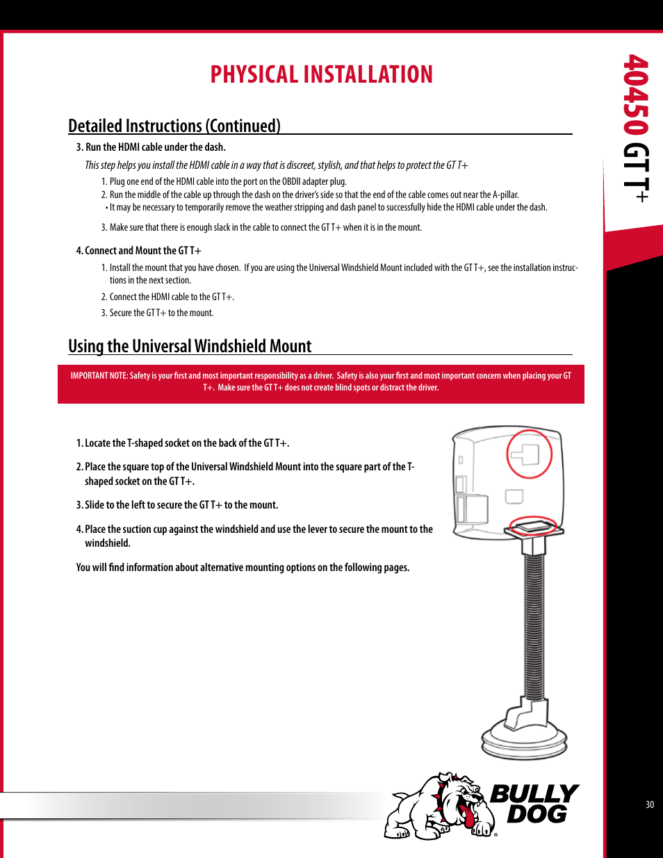 Physical installation, Detailed instructions (continued), Using the universal windshield mount | Bully Dog 40450 GTT+ User Manual | Page 31 / 47