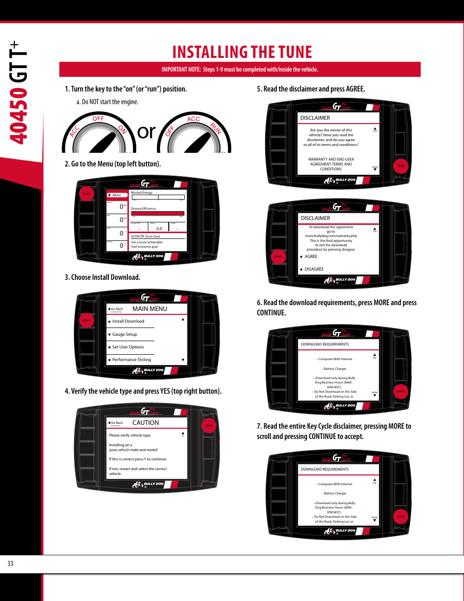 Installing the tune, Turn the key to the “on” (or “run”) position, A. do not start the engine | Main menu, Caution | Bully Dog 40450 GTT+ User Manual | Page 34 / 47