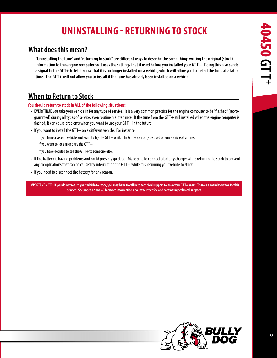 Uninstalling - returning to stock, What does this mean, When to return to stock | Bully Dog 40450 GTT+ User Manual | Page 39 / 47