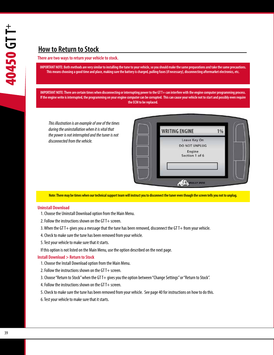 How to return to stock | Bully Dog 40450 GTT+ User Manual | Page 40 / 47