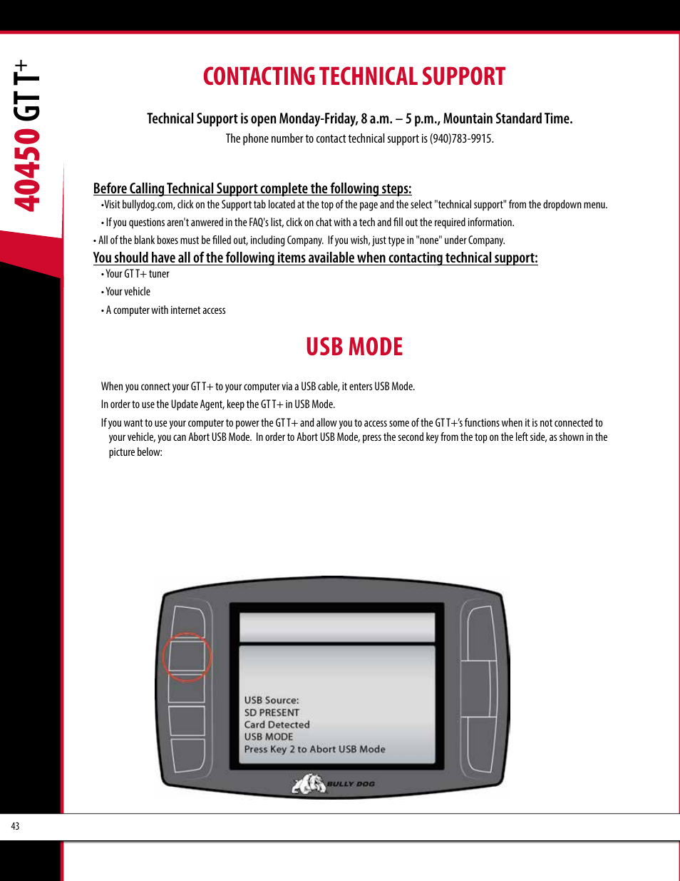 Contacting technical support, Usb mode | Bully Dog 40450 GTT+ User Manual | Page 44 / 47