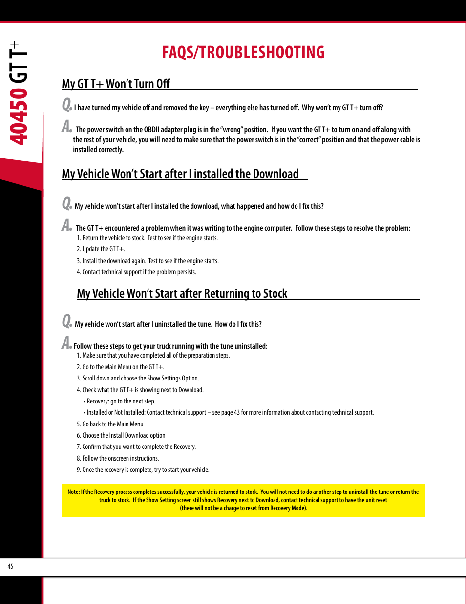 Faqs/troubleshooting | Bully Dog 40450 GTT+ User Manual | Page 46 / 47