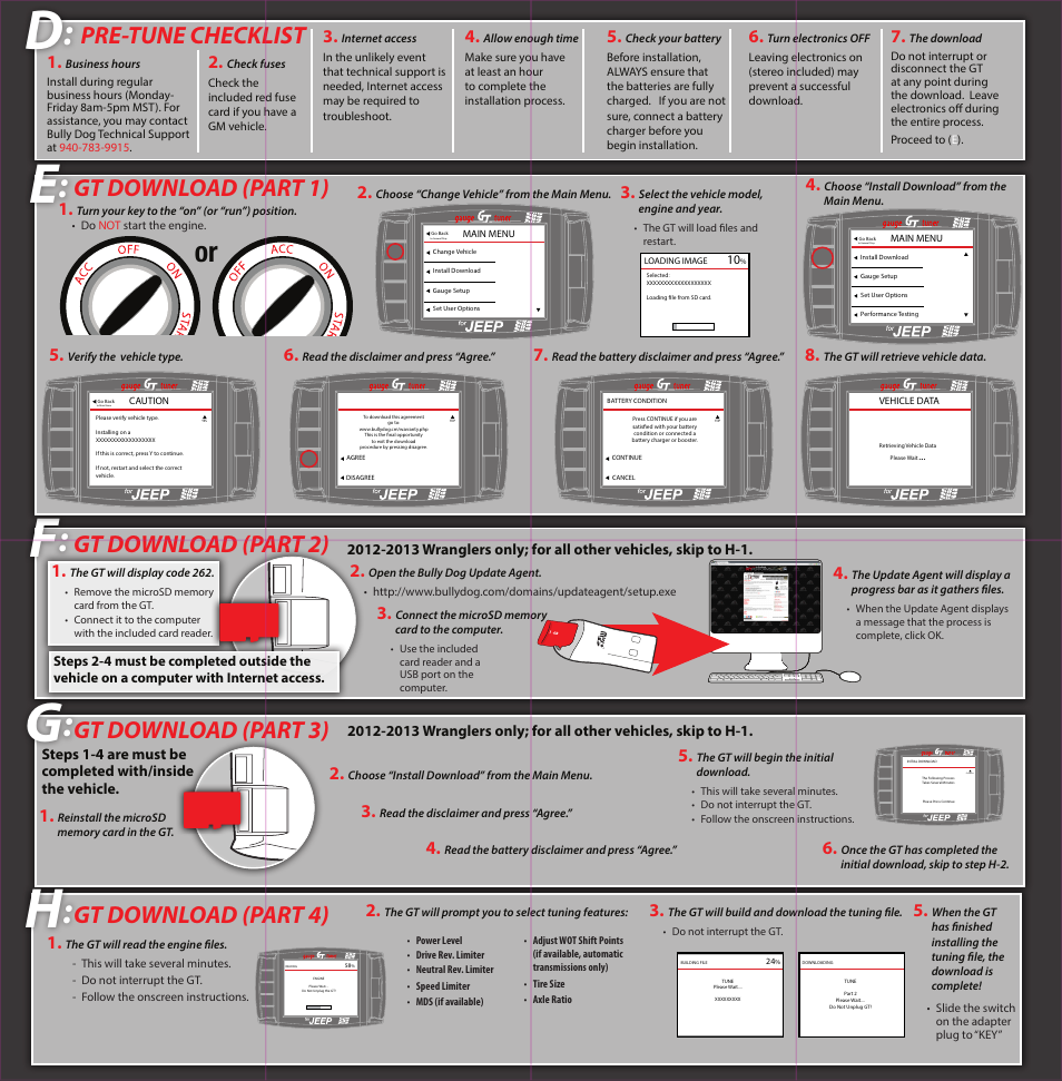 Pre-tune checklist, Gt download (part 2), Gt download (part 4) | Gt download (part 3), Gt download (part 1) | Bully Dog 40440 GT for Jeep Quick Guide User Manual | Page 2 / 2