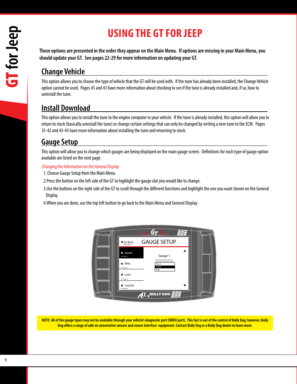 Gt for jeep, Using the gt for jeep, Change vehicle | Install download, Gauge setup | Bully Dog 40440 GT for Jeep Manual User Manual | Page 10 / 62