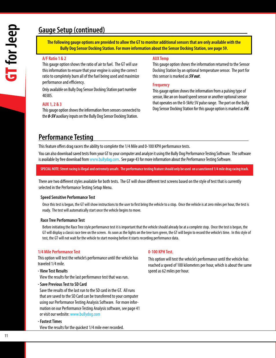 Gt for jeep, Gauge setup (continued), Performance testing | Bully Dog 40440 GT for Jeep Manual User Manual | Page 12 / 62