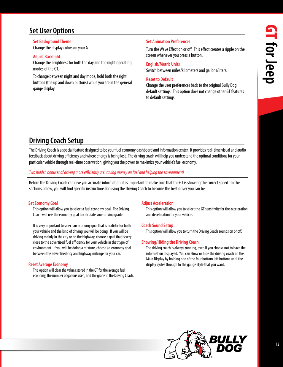 Gt for jeep, Driving coach setup, Set user options | Bully Dog 40440 GT for Jeep Manual User Manual | Page 13 / 62