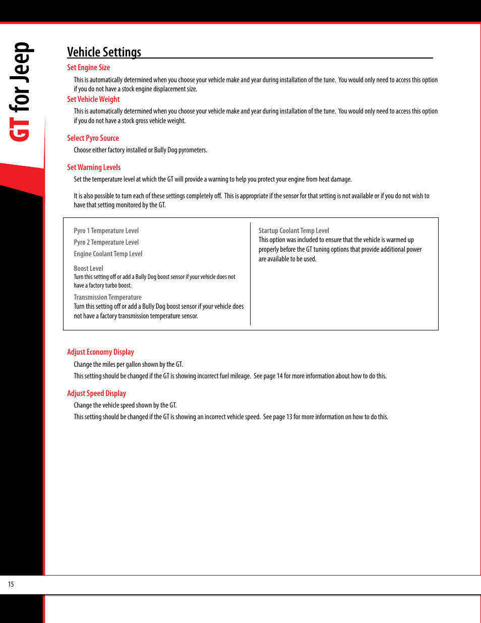 Gt for jeep, Vehicle settings | Bully Dog 40440 GT for Jeep Manual User Manual | Page 16 / 62