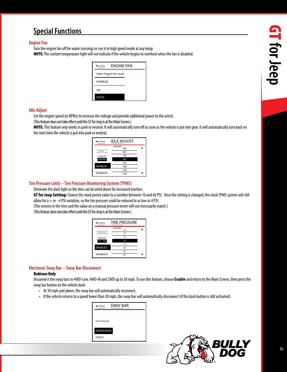 Gt for jeep, Special functions, Engine fan | Idle adjust, Electronic sway bar -- sway bar disconnect, Tire pressure, Sway bar | Bully Dog 40440 GT for Jeep Manual User Manual | Page 17 / 62