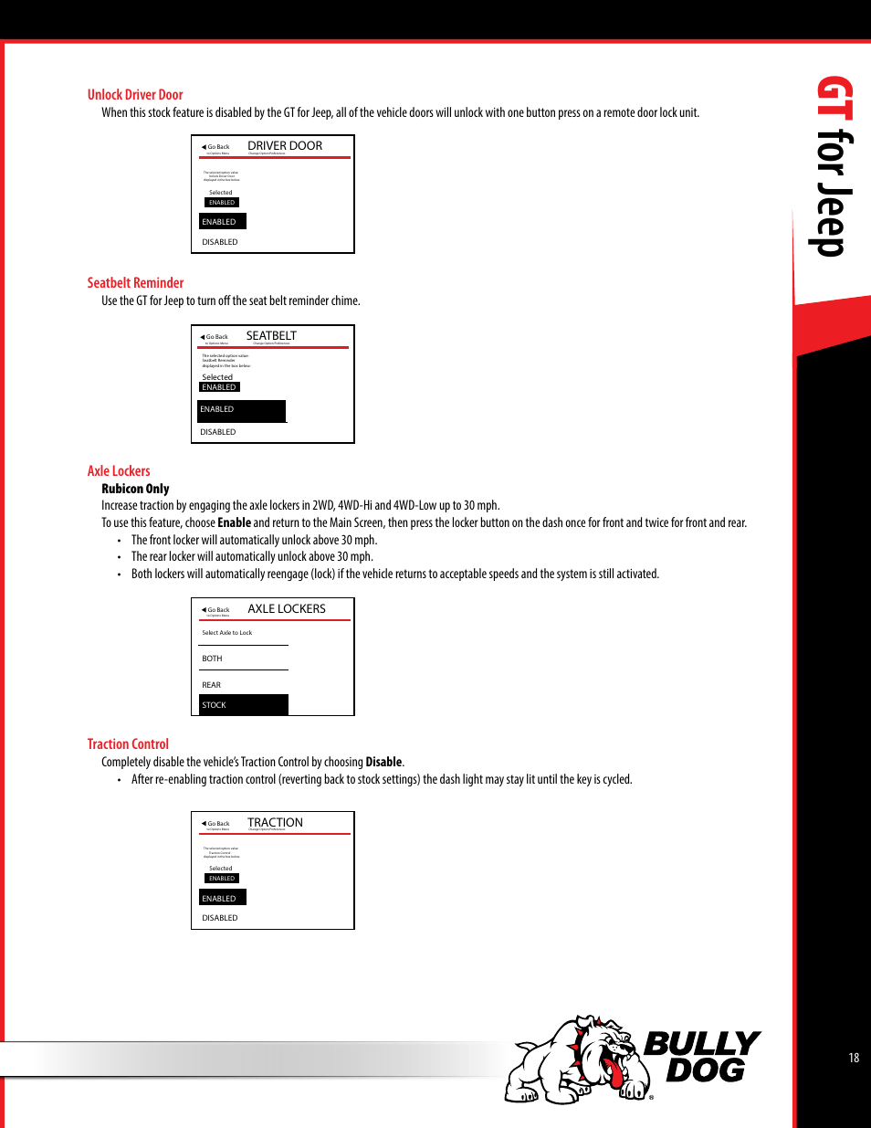 Gt for jeep, Unlock driver door, Seatbelt reminder | Axle lockers, Traction control, Driver door, Seatbelt, Traction | Bully Dog 40440 GT for Jeep Manual User Manual | Page 19 / 62
