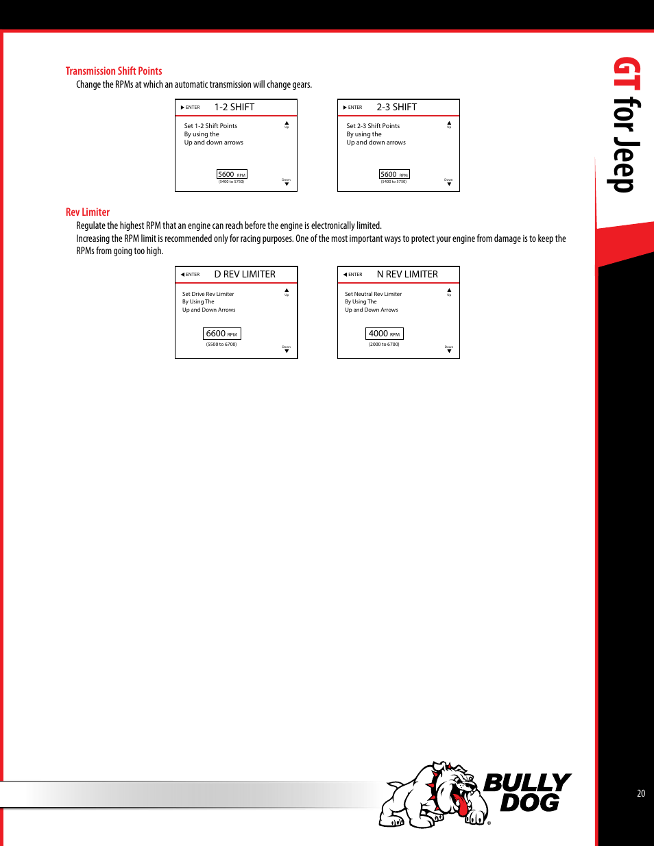 Gt for jeep, Transmission shift points, Rev limiter | Bully Dog 40440 GT for Jeep Manual User Manual | Page 21 / 62