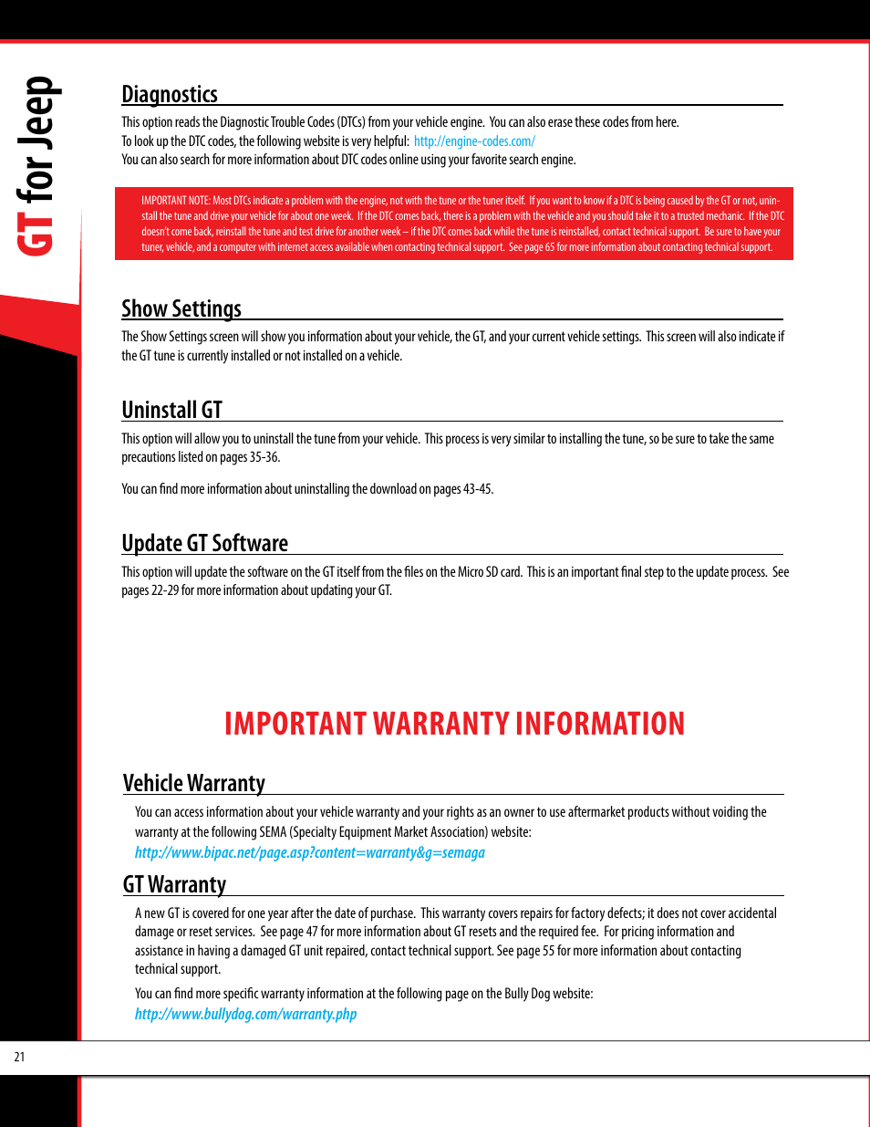 Gt for jeep, Important warranty information, Diagnostics | Show settings, Uninstall gt, Update gt software, Vehicle warranty, Gt warranty | Bully Dog 40440 GT for Jeep Manual User Manual | Page 22 / 62