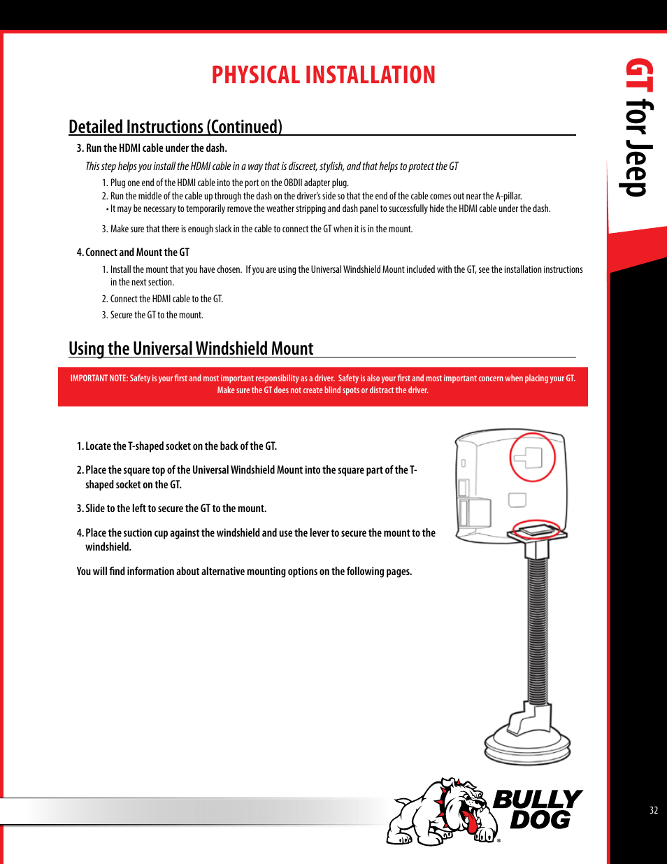 Gt for jeep, Physical installation, Detailed instructions (continued) | Using the universal windshield mount | Bully Dog 40440 GT for Jeep Manual User Manual | Page 33 / 62