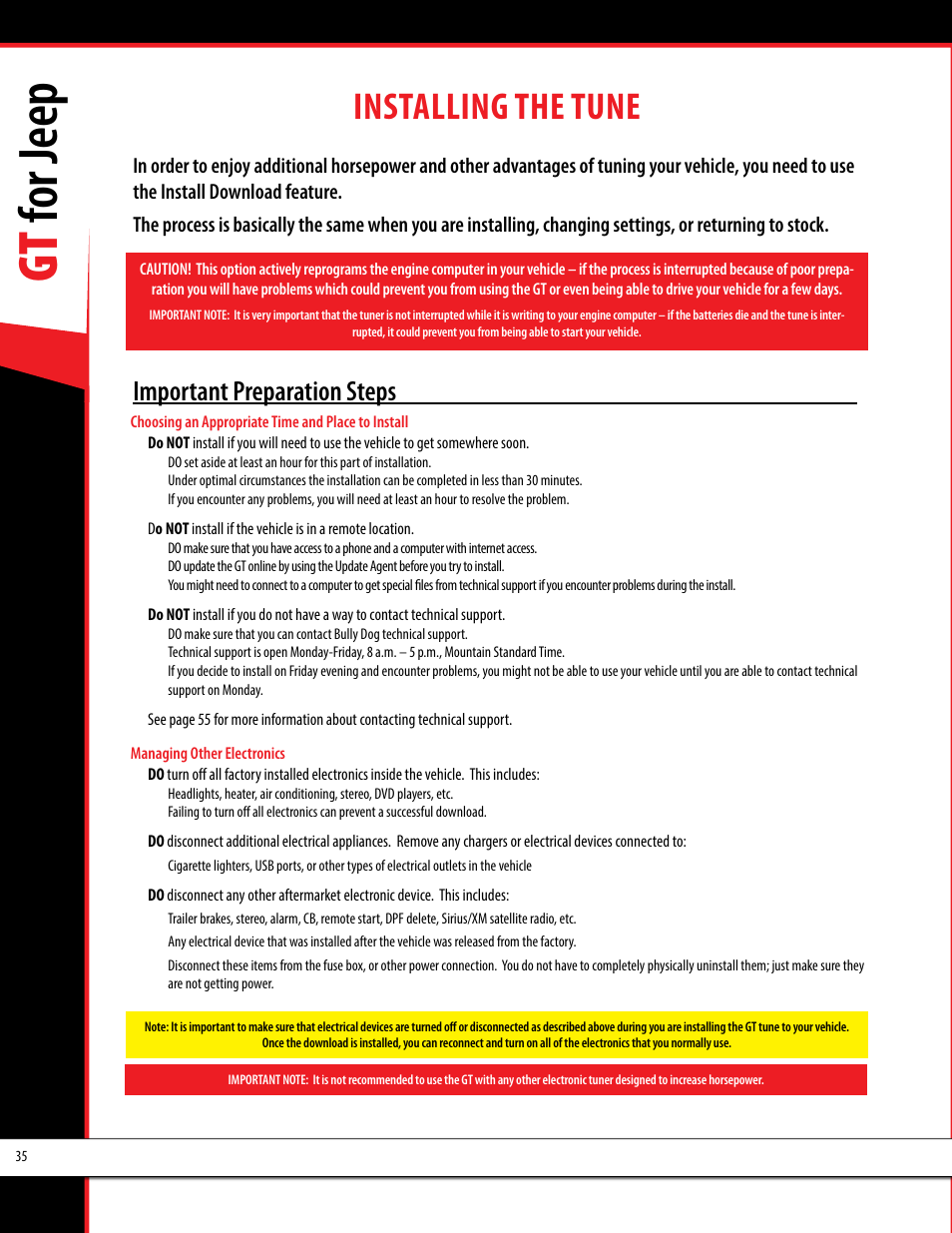 Gt for jeep, Installing the tune, Important preparation steps | Bully Dog 40440 GT for Jeep Manual User Manual | Page 36 / 62