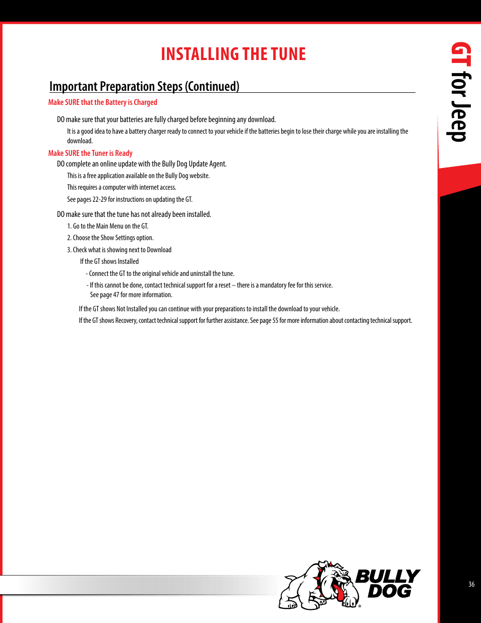 Gt for jeep, Installing the tune, Important preparation steps (continued) | Bully Dog 40440 GT for Jeep Manual User Manual | Page 37 / 62