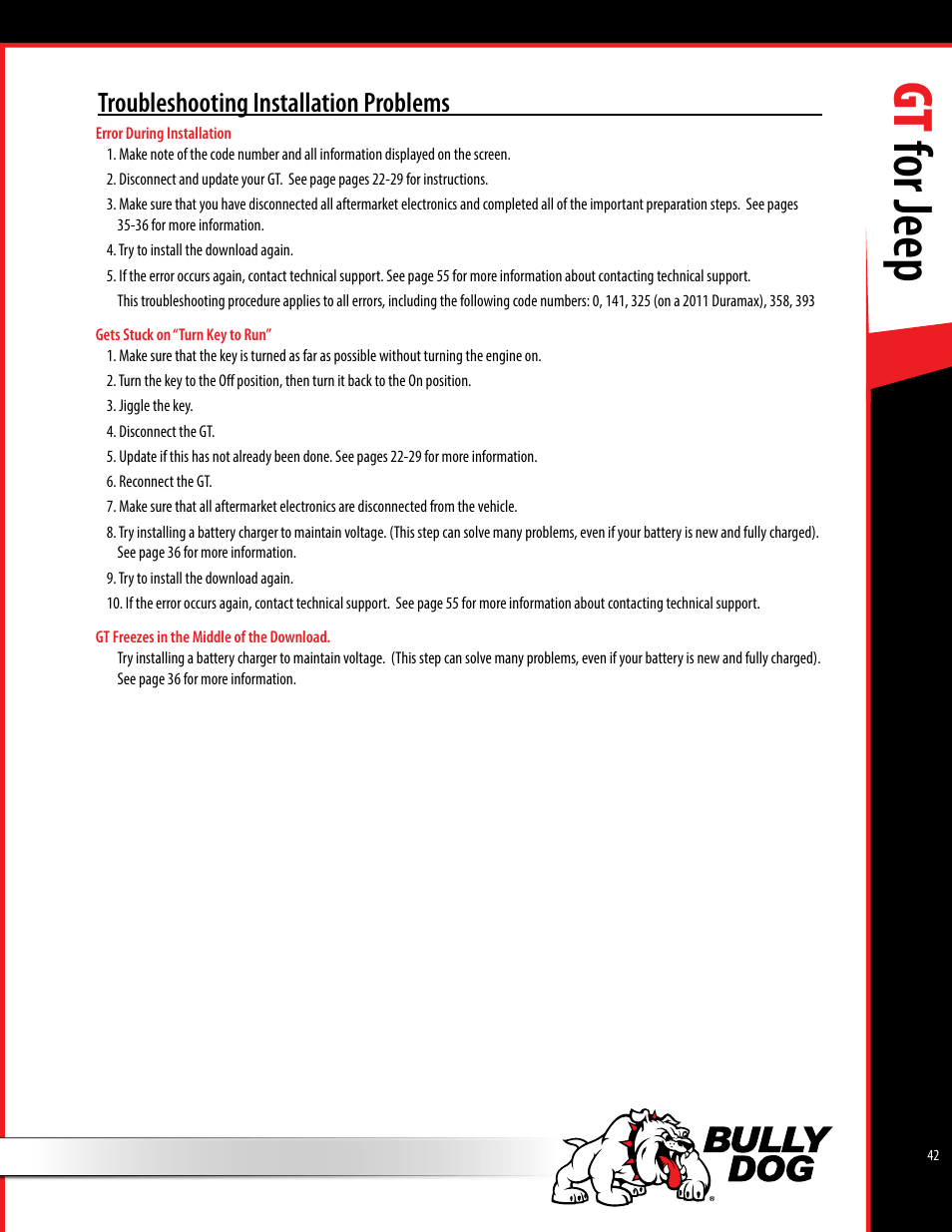 Gt for jeep, Troubleshooting installation problems | Bully Dog 40440 GT for Jeep Manual User Manual | Page 43 / 62
