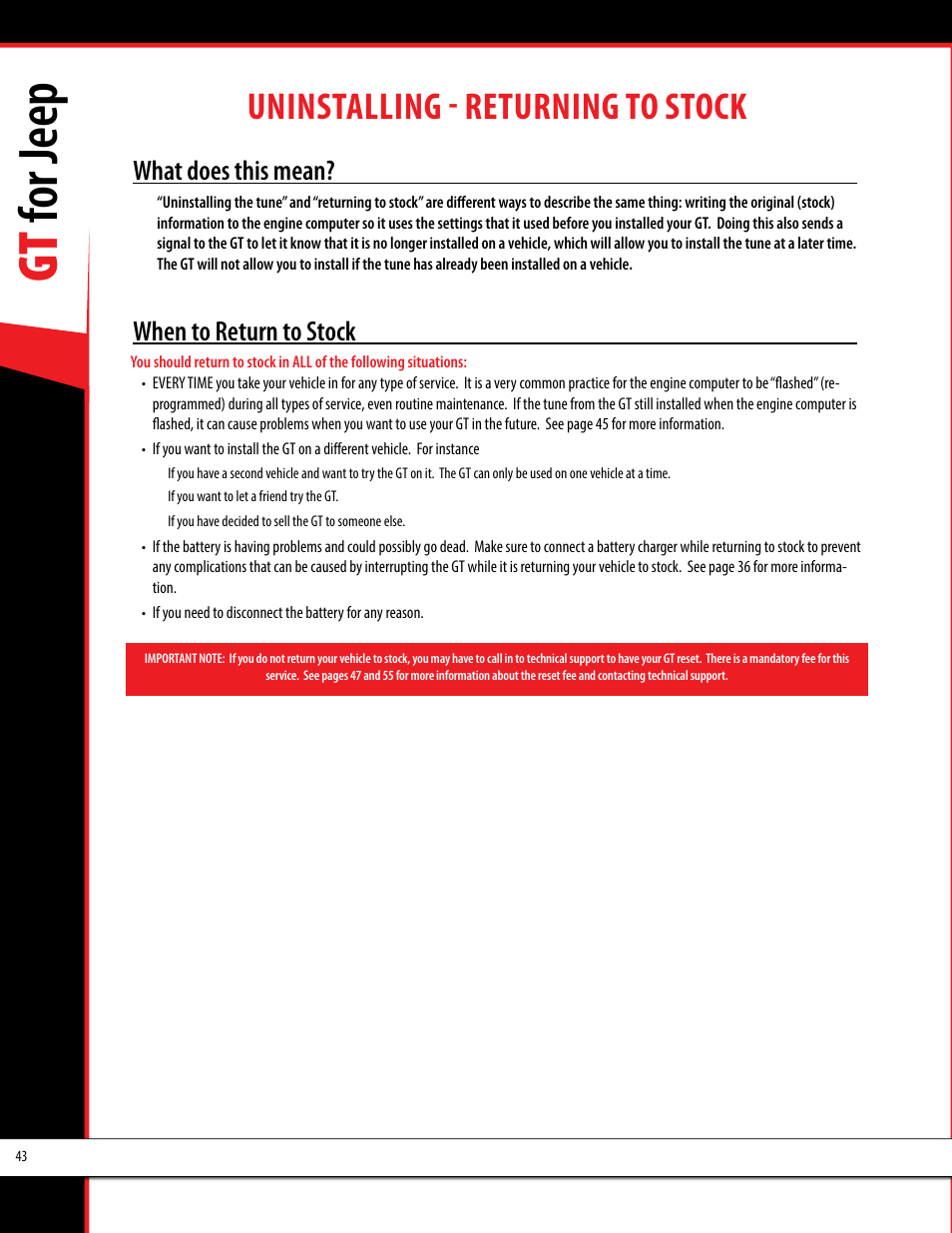 Gt for jeep, Uninstalling - returning to stock, What does this mean | When to return to stock | Bully Dog 40440 GT for Jeep Manual User Manual | Page 44 / 62