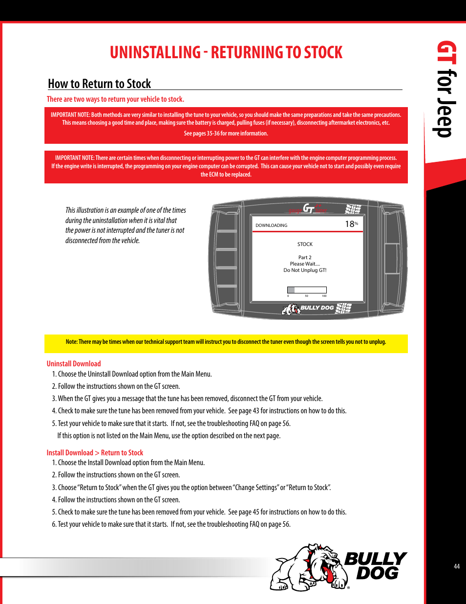 Gt for jeep, Uninstalling - returning to stock, How to return to stock | Bully Dog 40440 GT for Jeep Manual User Manual | Page 45 / 62