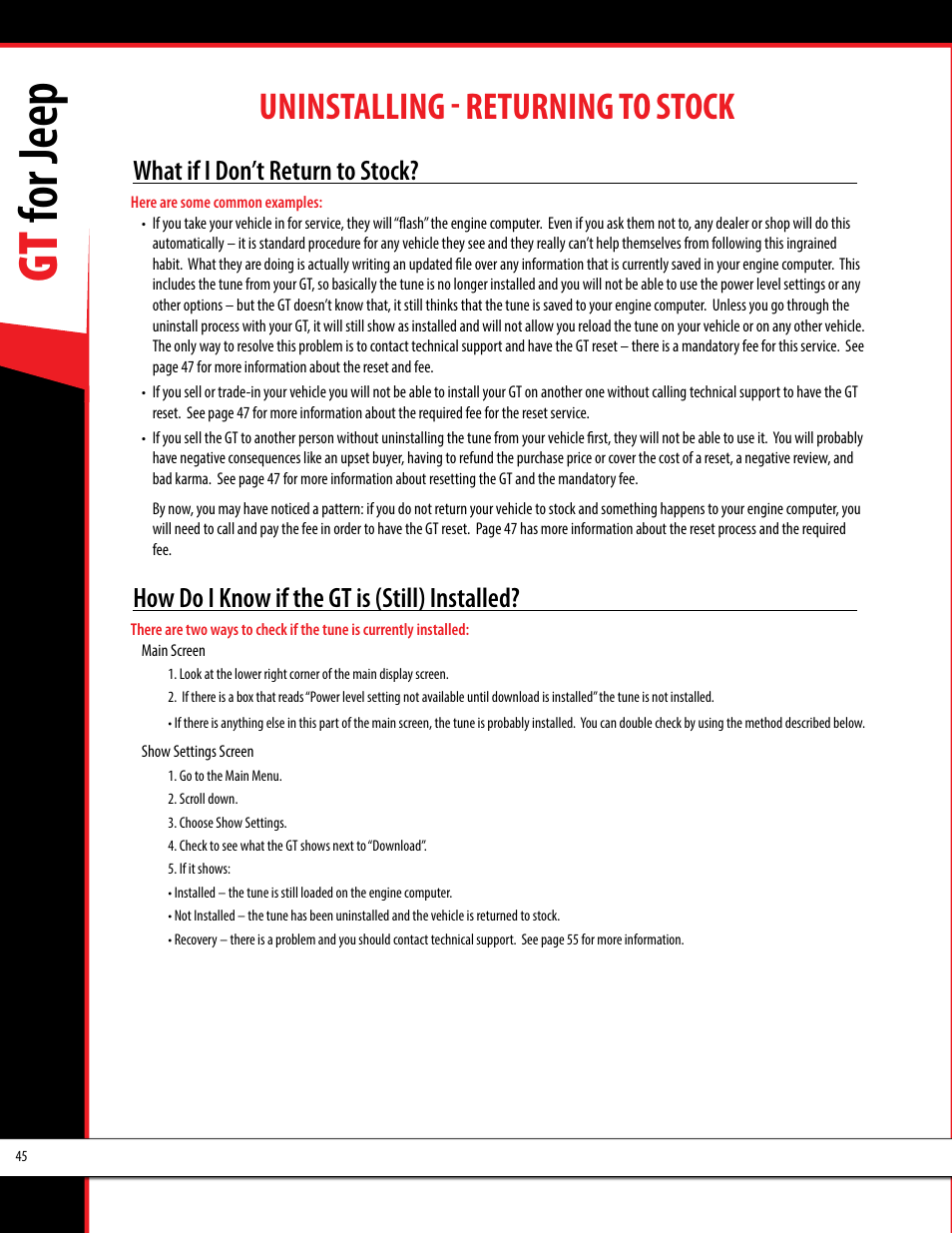 Gt for jeep, Uninstalling - returning to stock, What if i don’t return to stock | How do i know if the gt is (still) installed | Bully Dog 40440 GT for Jeep Manual User Manual | Page 46 / 62