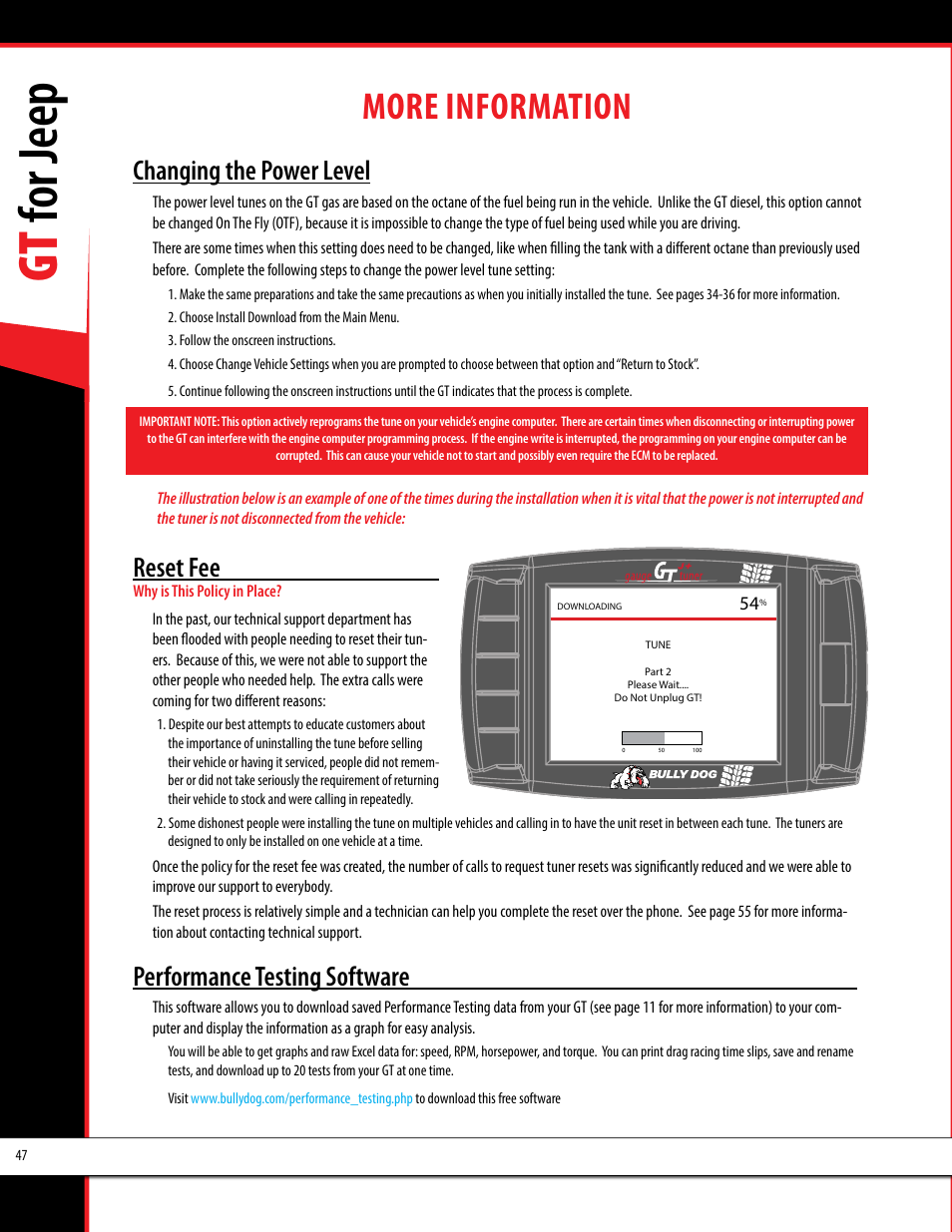 Gt for jeep, More information, Changing the power level | Reset fee, Performance testing software | Bully Dog 40440 GT for Jeep Manual User Manual | Page 48 / 62