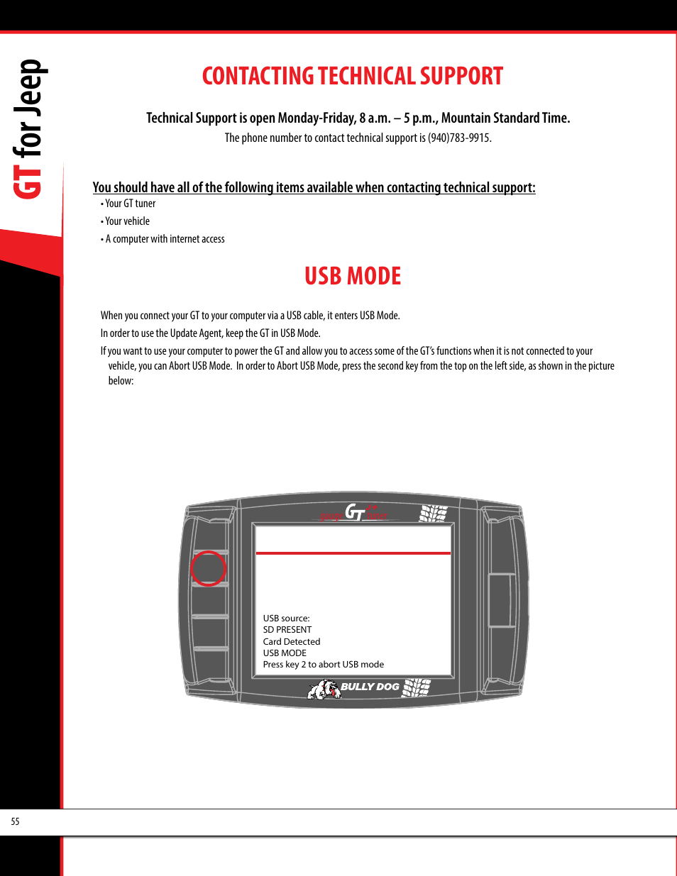 Gt for jeep, Contacting technical support, Usb mode | Bully Dog 40440 GT for Jeep Manual User Manual | Page 56 / 62