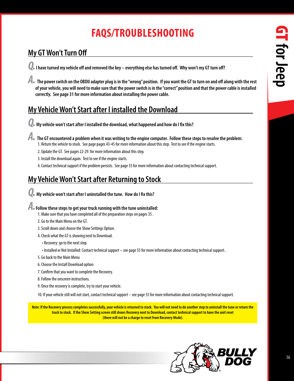 Gt for jeep, Faqs/troubleshooting | Bully Dog 40440 GT for Jeep Manual User Manual | Page 57 / 62