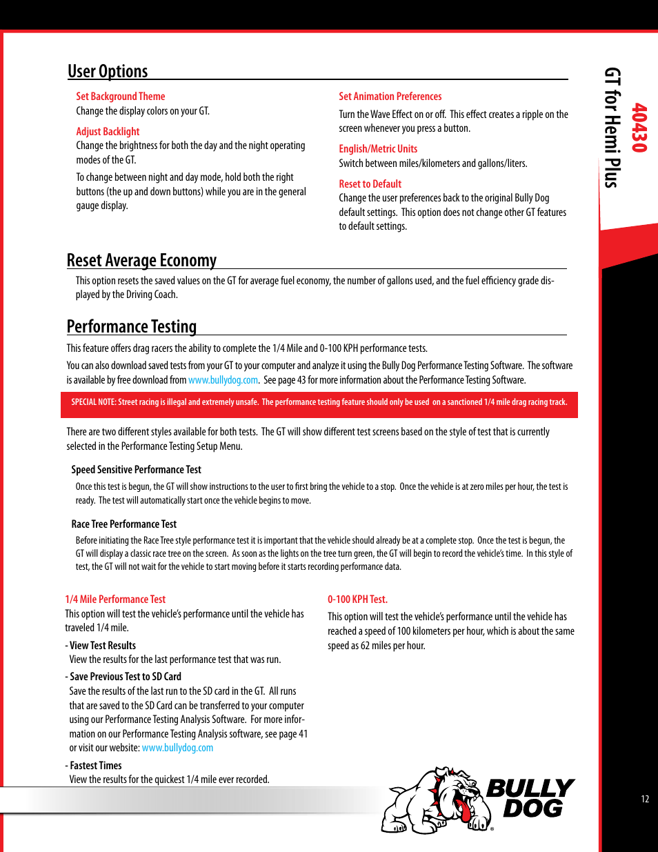 User options, Reset average economy, Performance testing | Bully Dog 40430 GT for Hemi Plus User Manual | Page 13 / 61