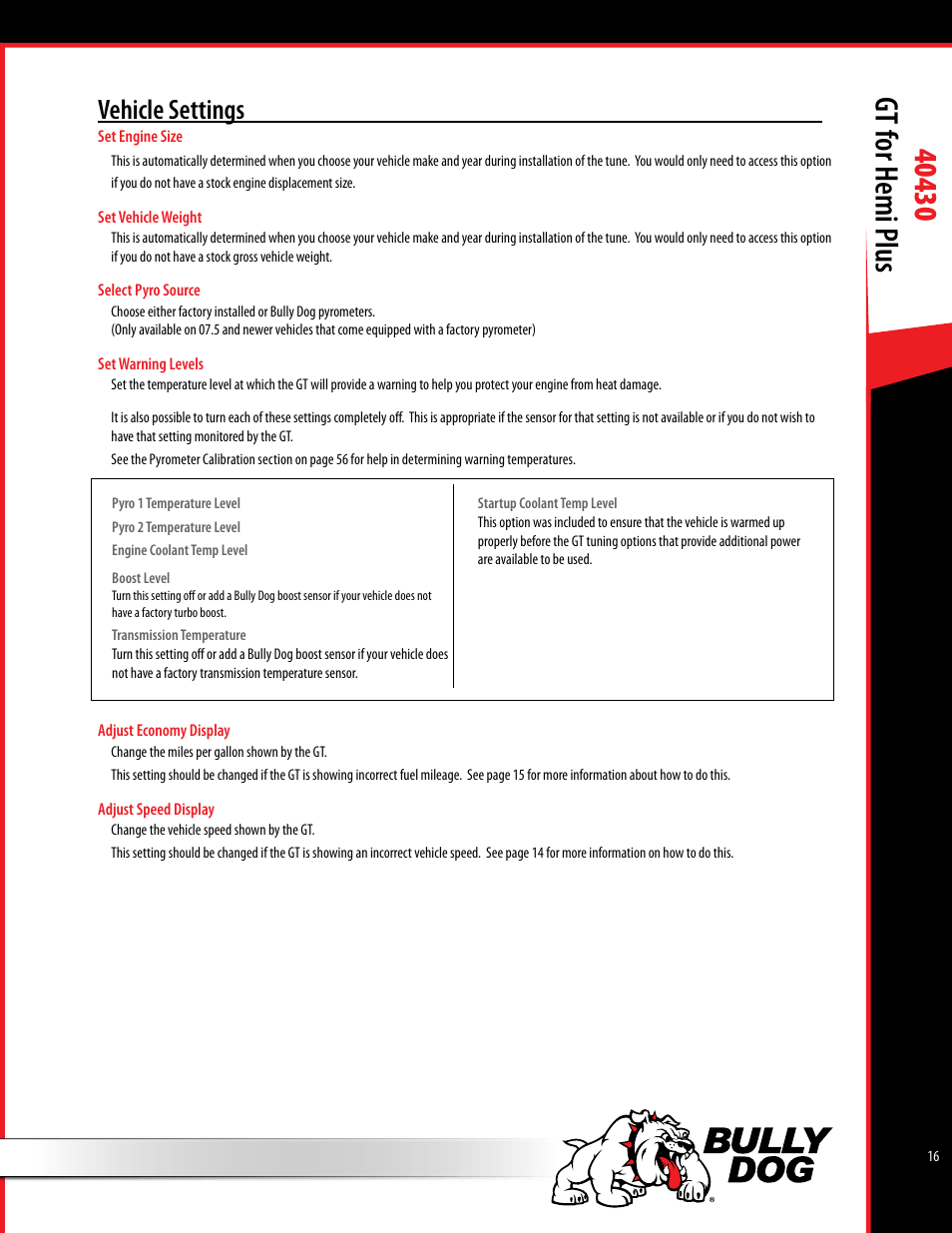 Vehicle settings | Bully Dog 40430 GT for Hemi Plus User Manual | Page 17 / 61