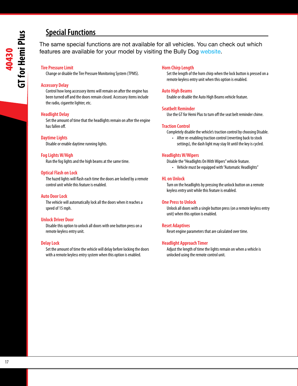 Special functions | Bully Dog 40430 GT for Hemi Plus User Manual | Page 18 / 61
