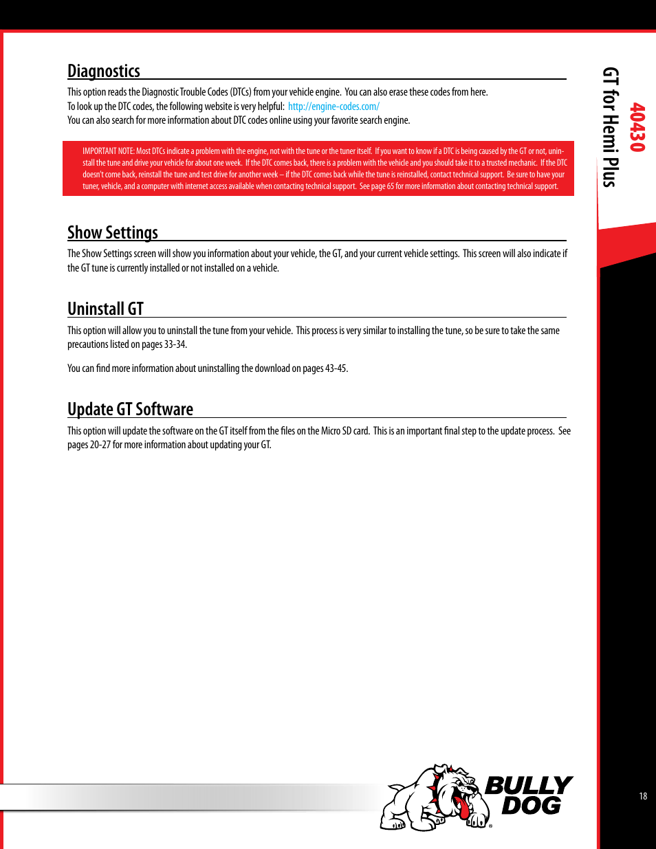 Diagnostics, Show settings, Uninstall gt | Update gt software | Bully Dog 40430 GT for Hemi Plus User Manual | Page 19 / 61