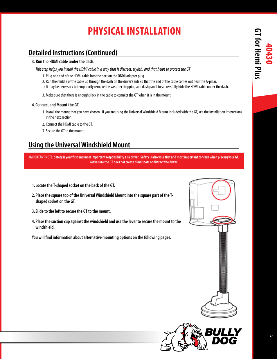 Physical installation, Detailed instructions (continued), Using the universal windshield mount | Bully Dog 40430 GT for Hemi Plus User Manual | Page 31 / 61