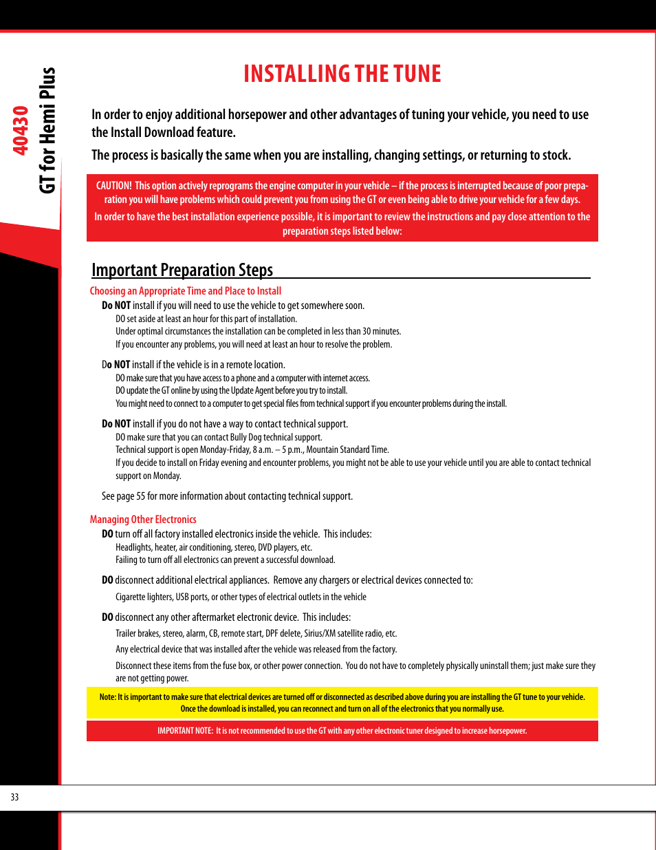 Installing the tune, Important preparation steps | Bully Dog 40430 GT for Hemi Plus User Manual | Page 34 / 61