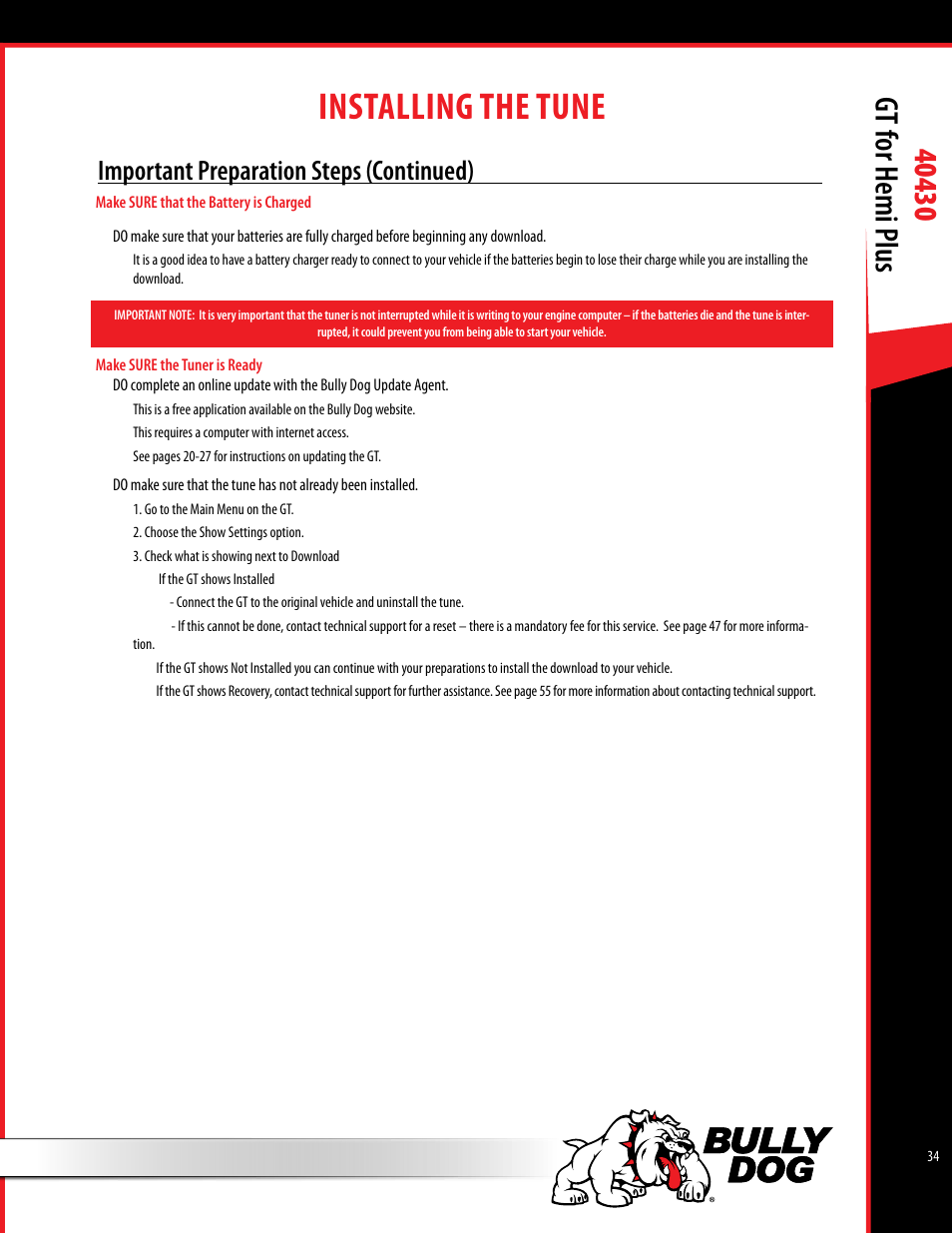 Installing the tune, Important preparation steps (continued) | Bully Dog 40430 GT for Hemi Plus User Manual | Page 35 / 61