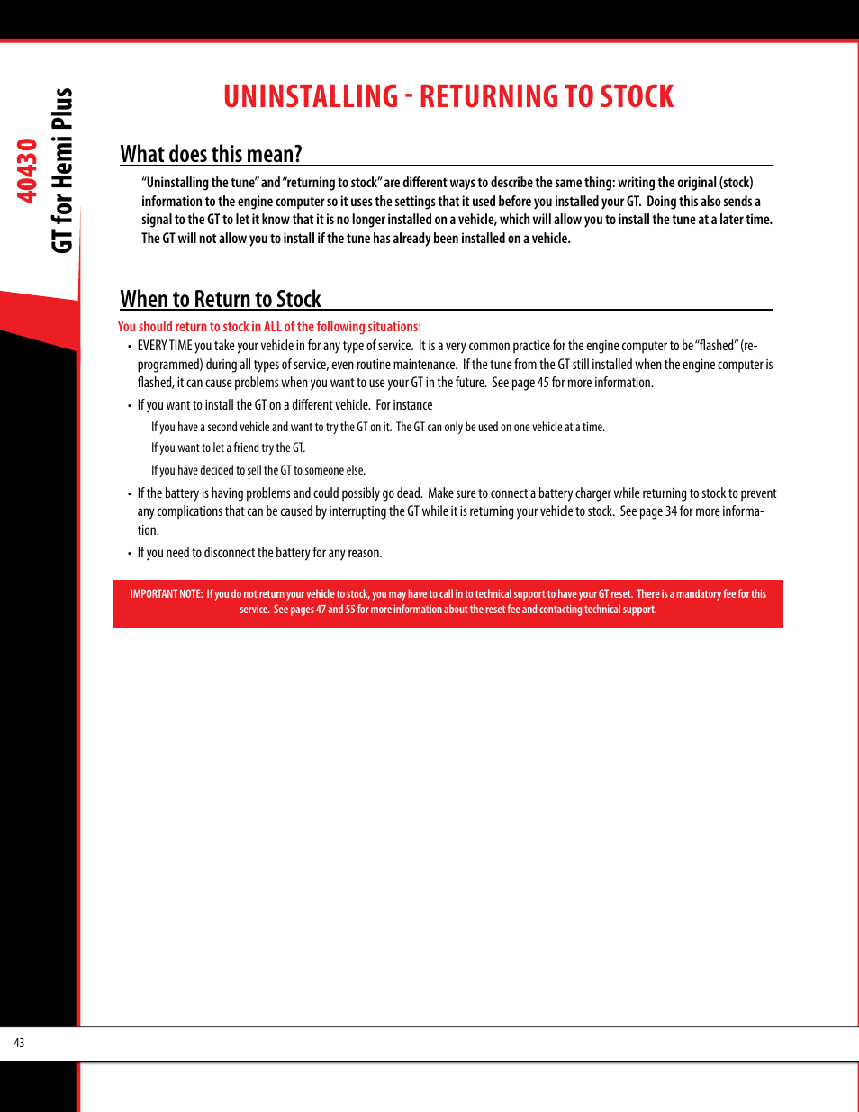 Uninstalling - returning to stock, What does this mean, When to return to stock | Bully Dog 40430 GT for Hemi Plus User Manual | Page 44 / 61