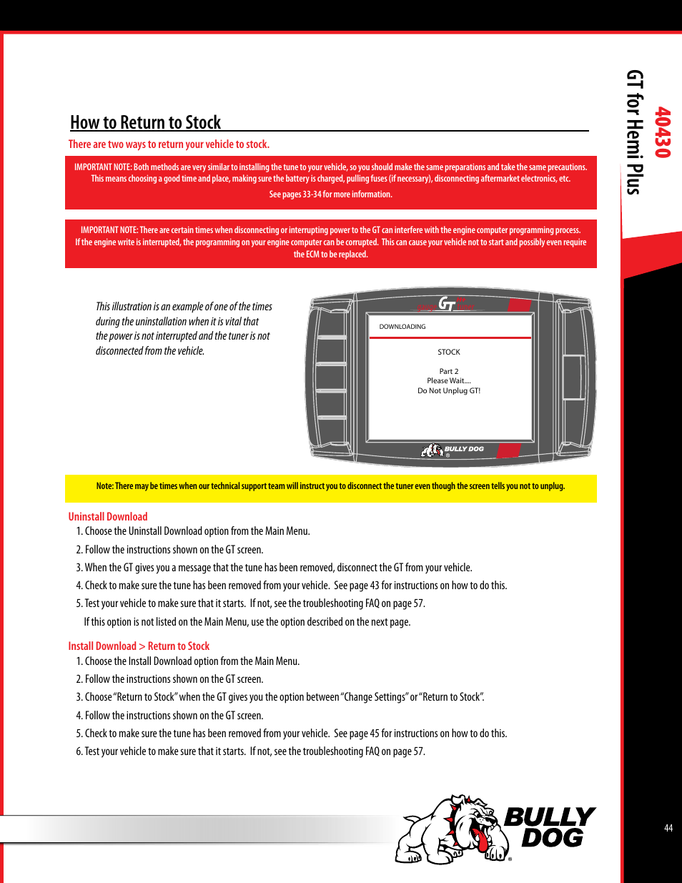 How to return to stock | Bully Dog 40430 GT for Hemi Plus User Manual | Page 45 / 61