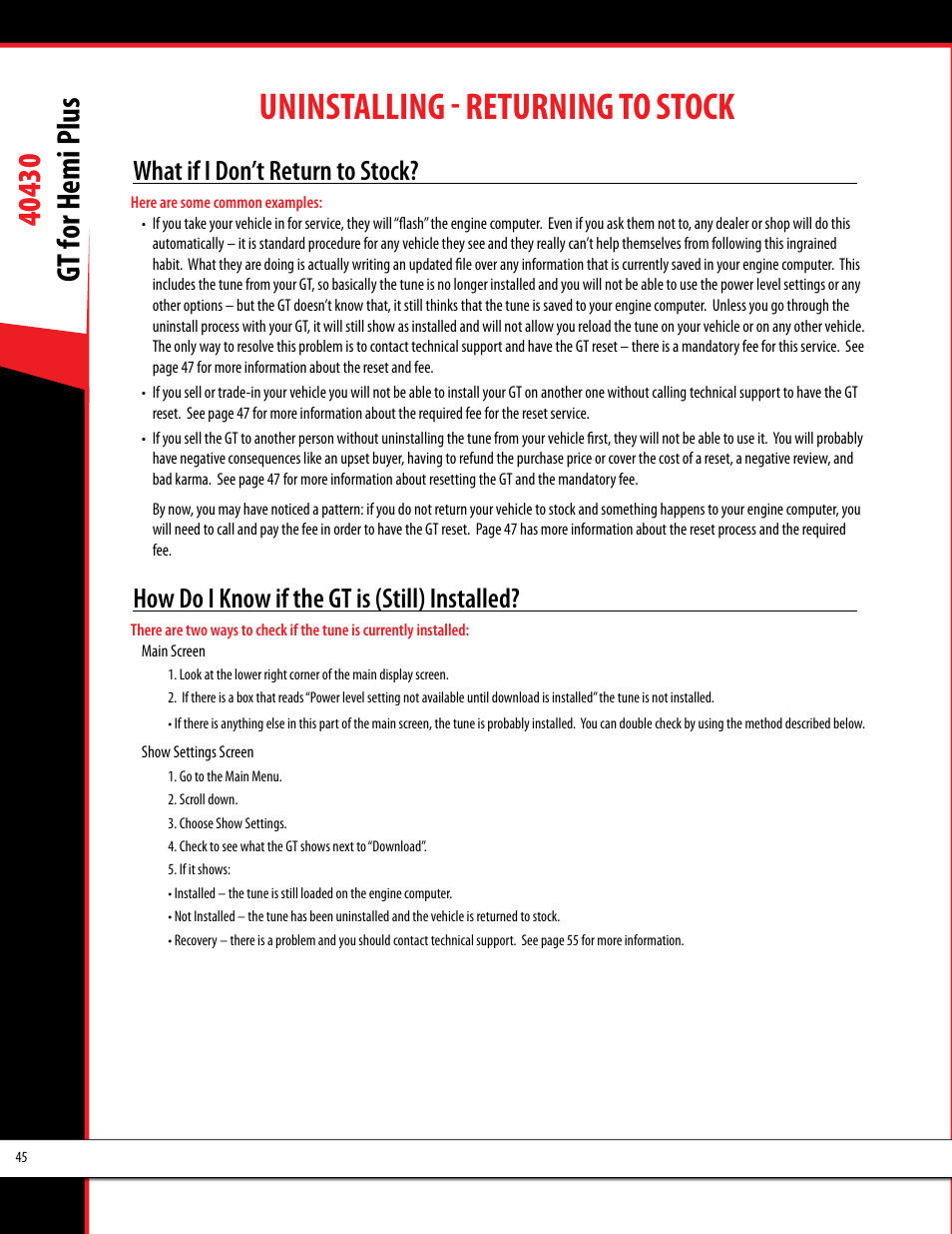 Uninstalling - returning to stock, What if i don’t return to stock, How do i know if the gt is (still) installed | Bully Dog 40430 GT for Hemi Plus User Manual | Page 46 / 61