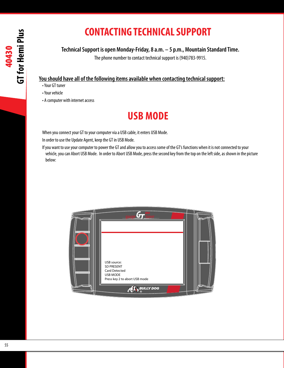 Contacting technical support, Usb mode | Bully Dog 40430 GT for Hemi Plus User Manual | Page 56 / 61
