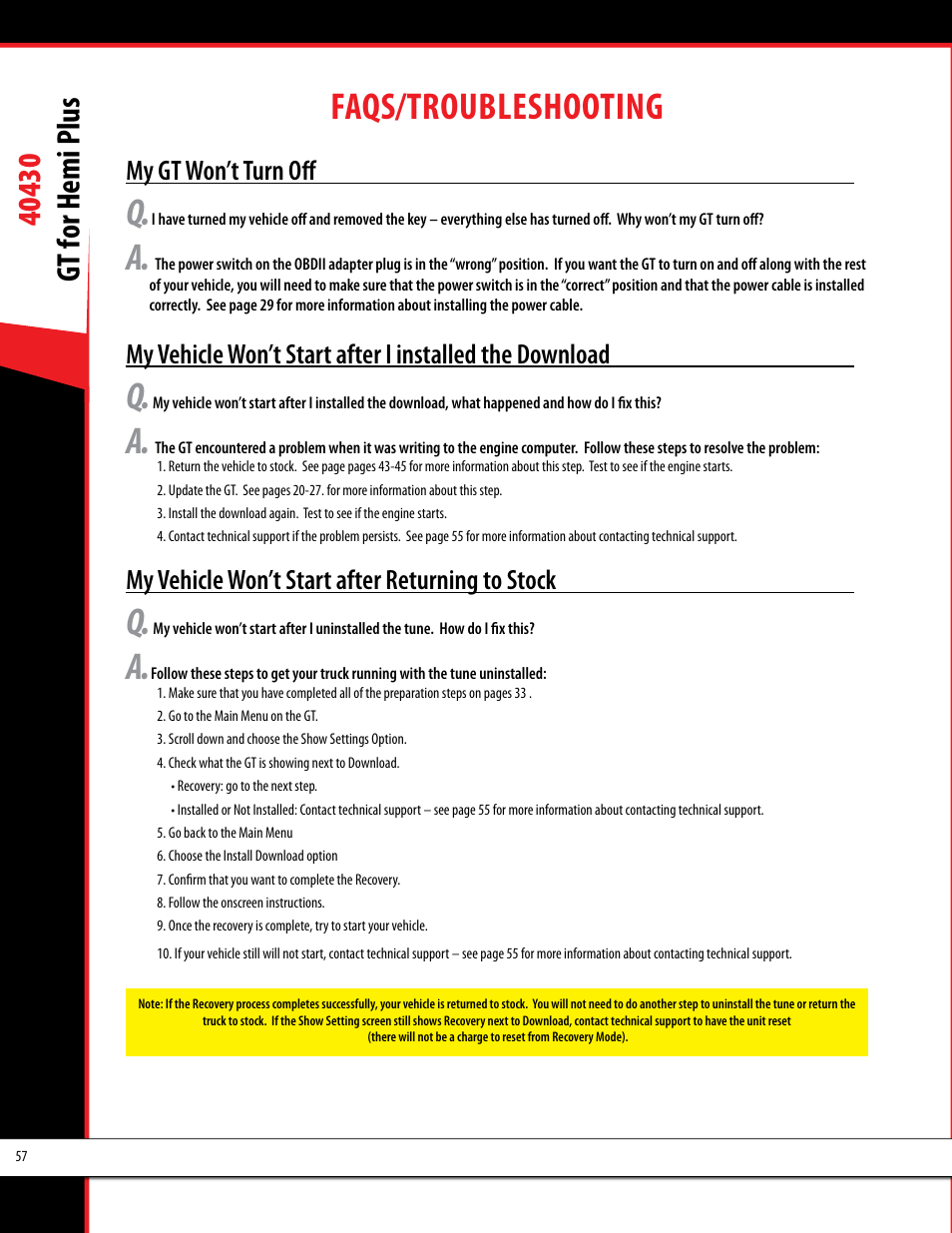 Faqs/troubleshooting, My gt won’t turn off, My vehicle won’t start after returning to stock | Bully Dog 40430 GT for Hemi Plus User Manual | Page 58 / 61