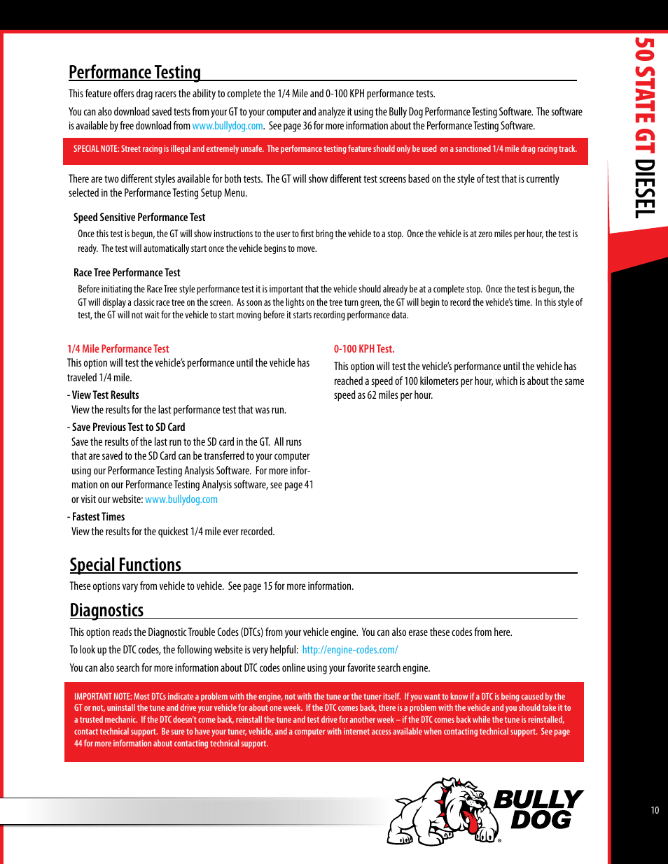 50 st ate gt diesel, Performance testing, Special functions | Diagnostics | Bully Dog 40425 50 State GT Diesel User Manual | Page 11 / 48