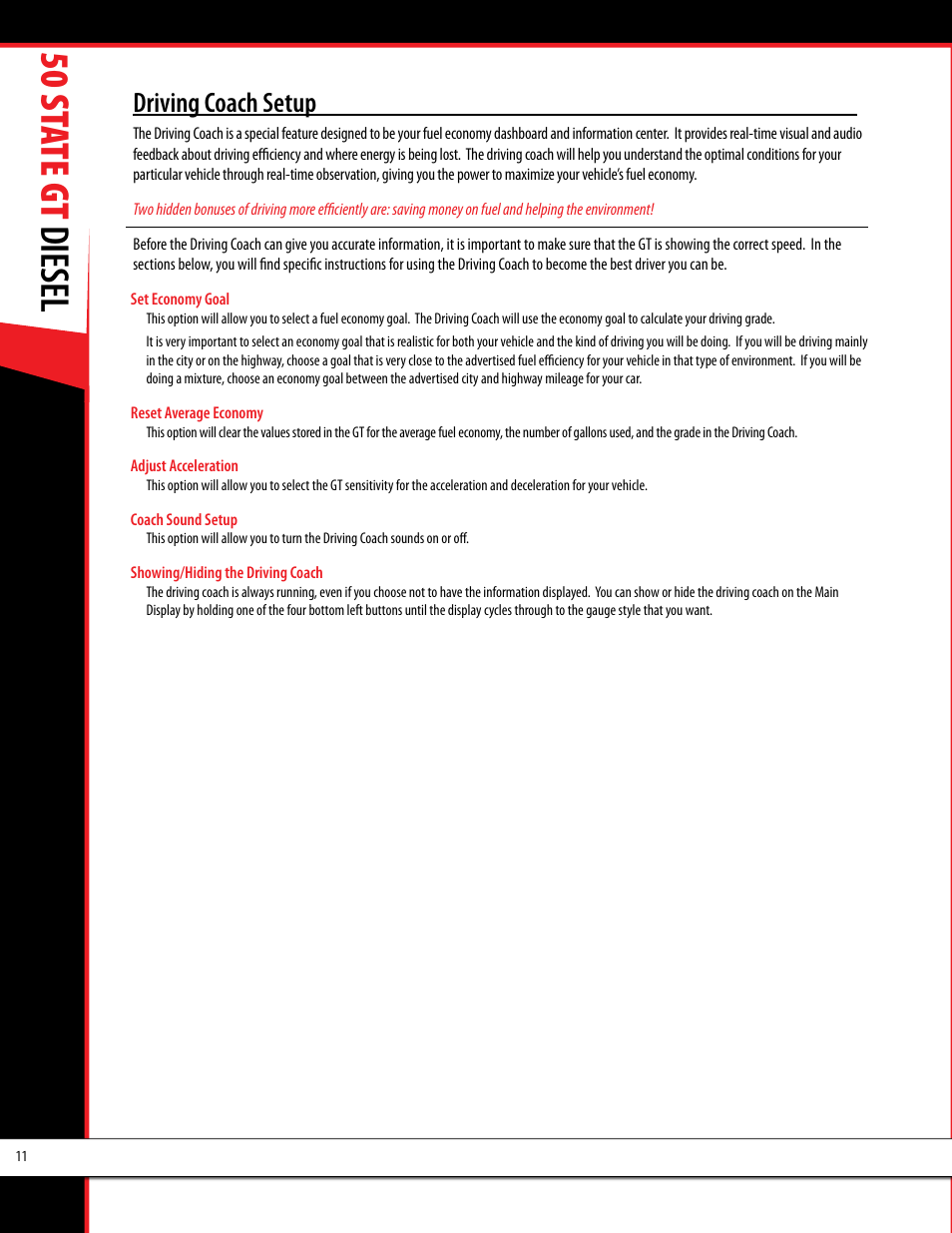 50 st ate gt diesel, Driving coach setup | Bully Dog 40425 50 State GT Diesel User Manual | Page 12 / 48