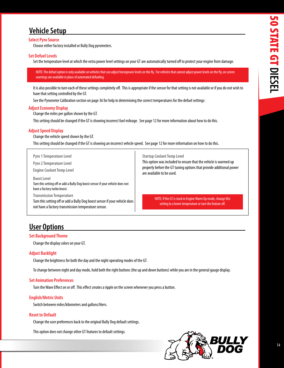 50 st ate gt diesel, Vehicle setup, User options | Bully Dog 40425 50 State GT Diesel User Manual | Page 15 / 48