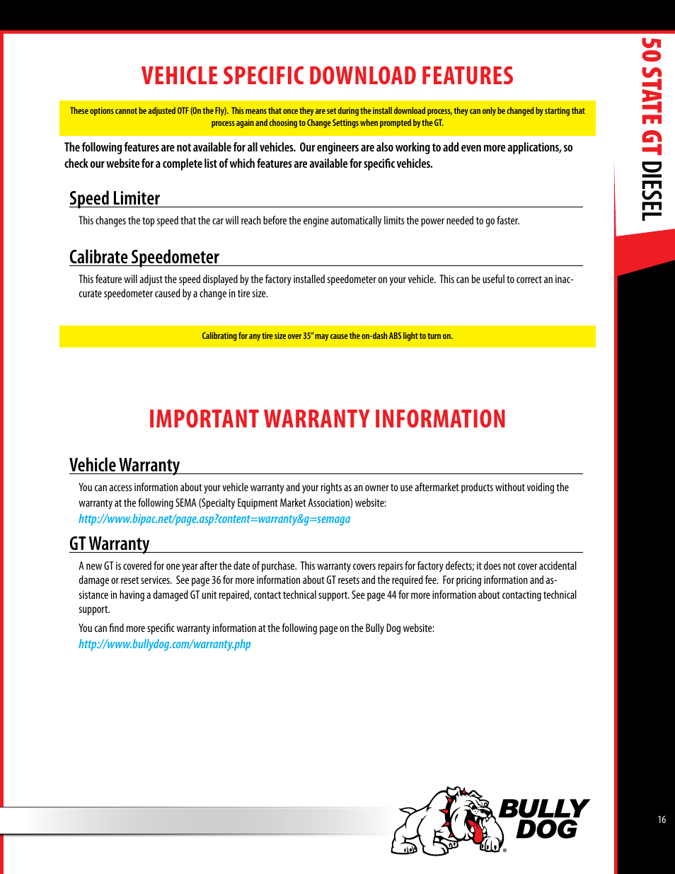 50 st ate gt diesel, Vehicle specific download features, Important warranty information | Speed limiter, Calibrate speedometer, Vehicle warranty, Gt warranty | Bully Dog 40425 50 State GT Diesel User Manual | Page 17 / 48