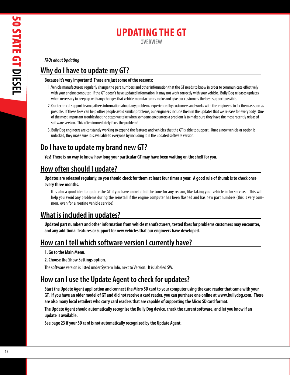 50 st ate gt diesel, Updating the gt, Why do i have to update my gt | Do i have to update my brand new gt, How often should i update, What is included in updates | Bully Dog 40425 50 State GT Diesel User Manual | Page 18 / 48