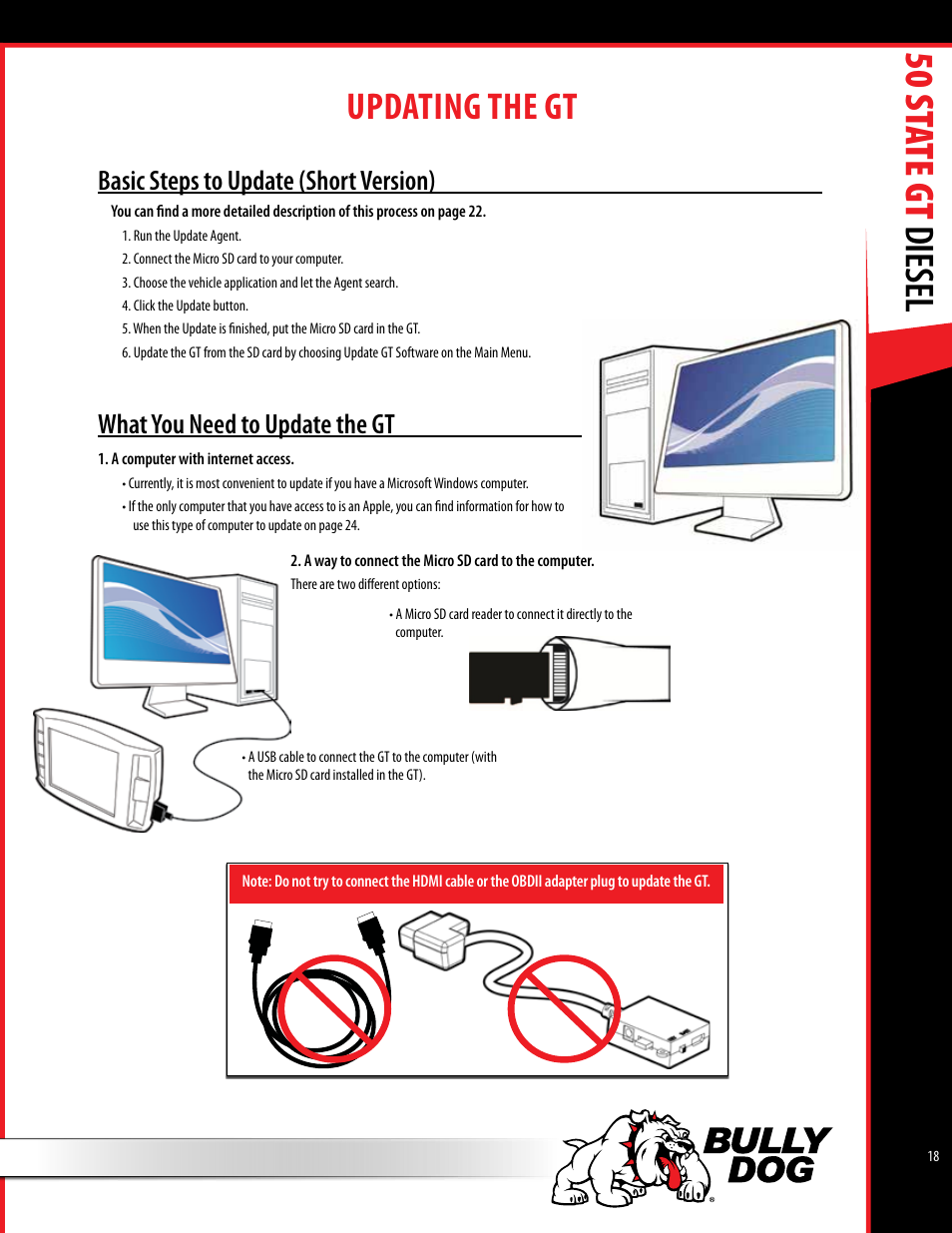 50 st ate gt diesel, Updating the gt, Basic steps to update (short version) | What you need to update the gt | Bully Dog 40425 50 State GT Diesel User Manual | Page 19 / 48