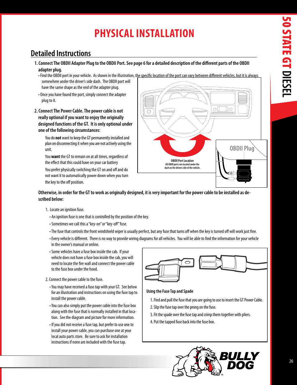 50 st ate gt diesel, Physical installation, Obdii adapter plug installation diagram | Detailed instructions | Bully Dog 40425 50 State GT Diesel User Manual | Page 27 / 48