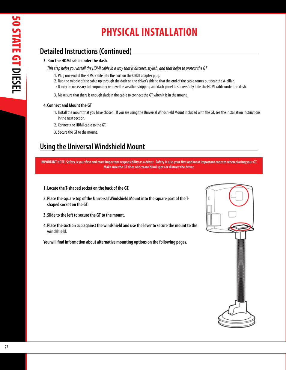 50 st ate gt diesel, Physical installation, Detailed instructions (continued) | Using the universal windshield mount | Bully Dog 40425 50 State GT Diesel User Manual | Page 28 / 48