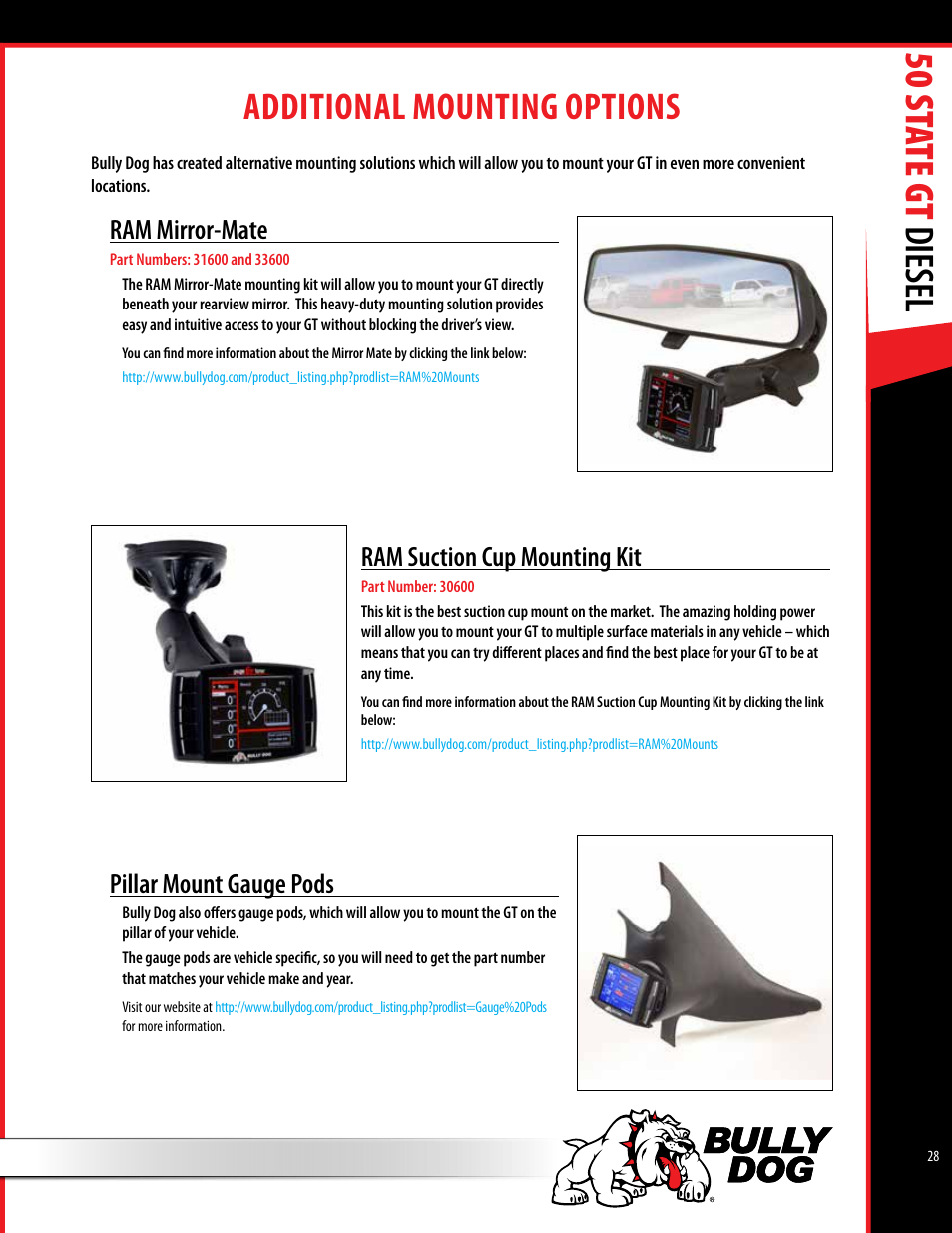50 st ate gt diesel, Additional mounting options, Ram mirror-mate | Ram suction cup mounting kit, Pillar mount gauge pods | Bully Dog 40425 50 State GT Diesel User Manual | Page 29 / 48