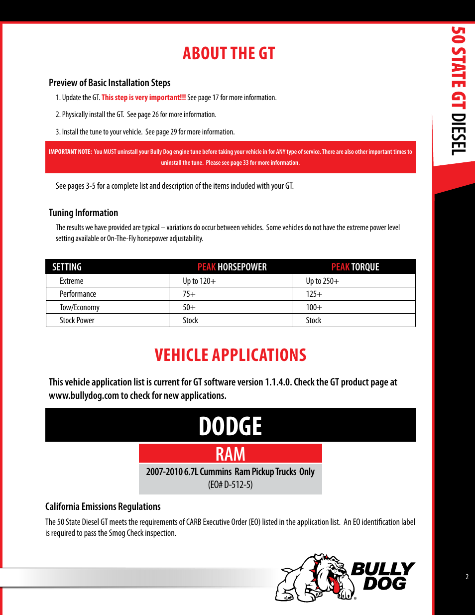 Dodge, 50 st ate gt diesel, About the gt | Vehicle applications | Bully Dog 40425 50 State GT Diesel User Manual | Page 3 / 48