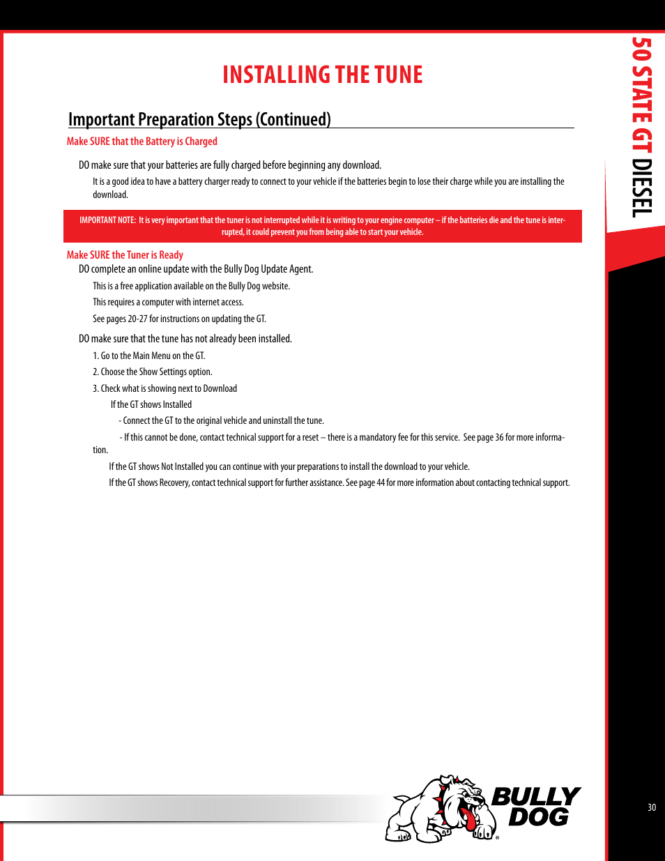 50 st ate gt diesel, Installing the tune, Important preparation steps (continued) | Bully Dog 40425 50 State GT Diesel User Manual | Page 31 / 48