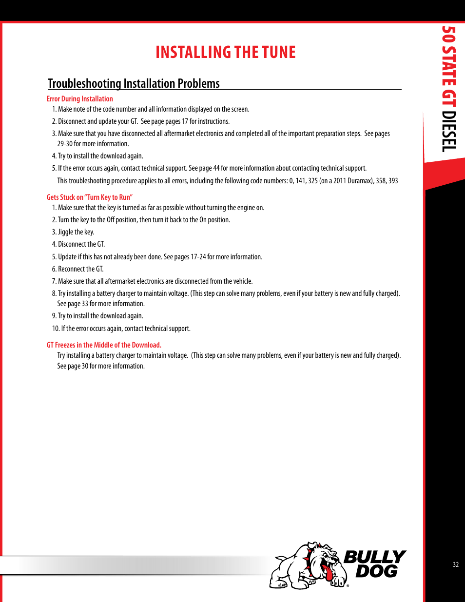 50 st ate gt diesel, Installing the tune, Troubleshooting installation problems | Bully Dog 40425 50 State GT Diesel User Manual | Page 33 / 48